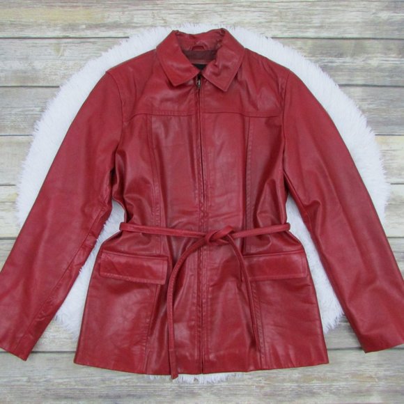 Express Zip Front Belted Leather Jacket Red - Picture 4 of 12